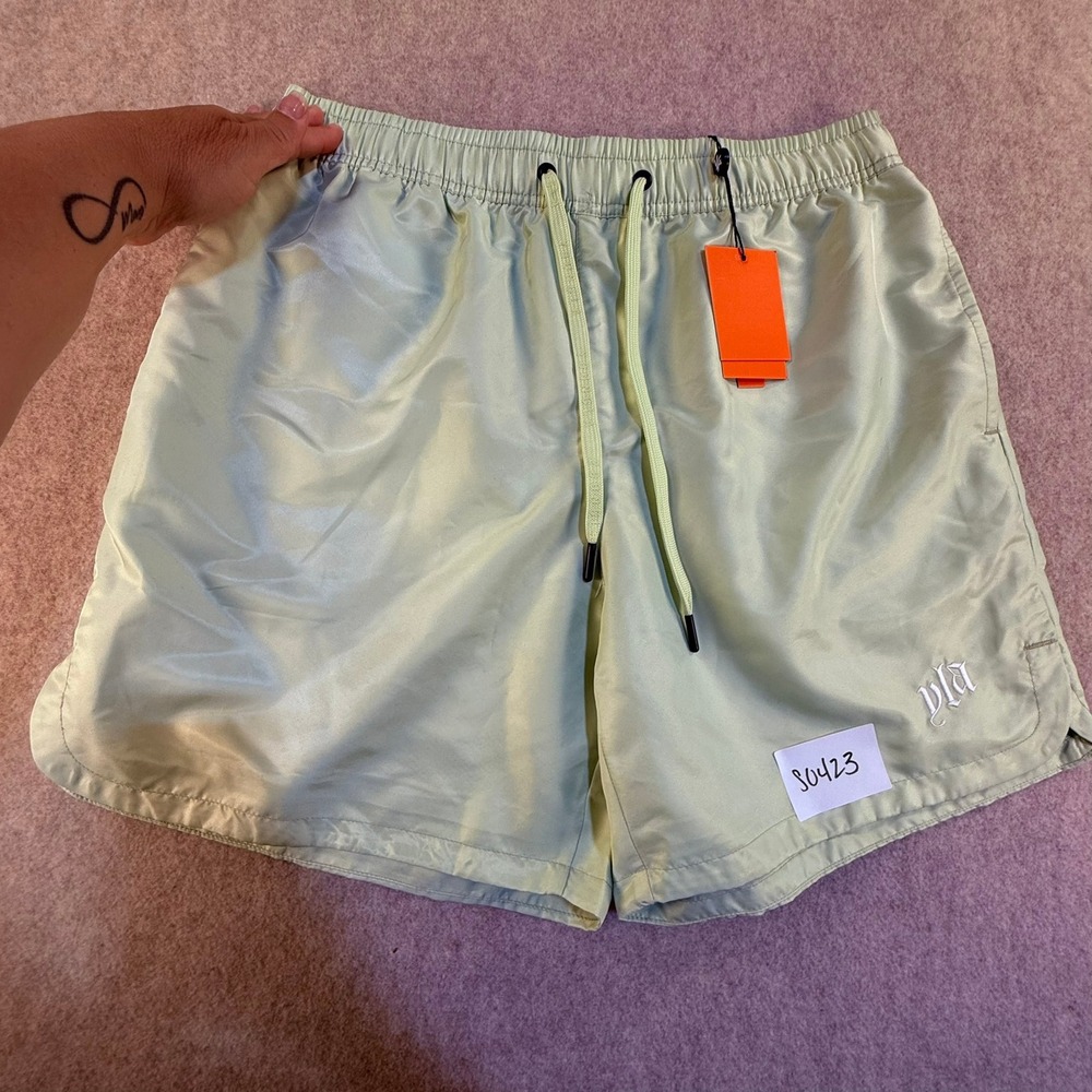NWT YoungLA Mens Sage Green Satin Athletic Shorts Mesh Lined YLA Logo M